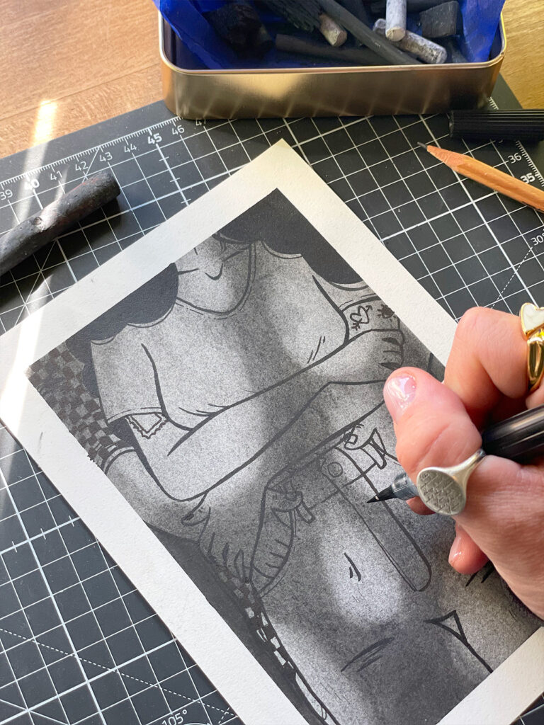 Zeichnung Tinte+Kohle auf Aquarellpapier